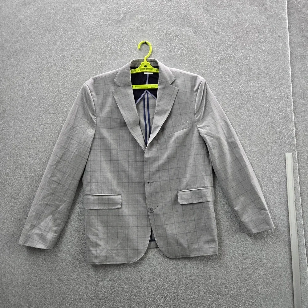 Cole Haan Men Blazer 44R W38 Gray Polyester Wool Plaid Suit Jacket Button Long